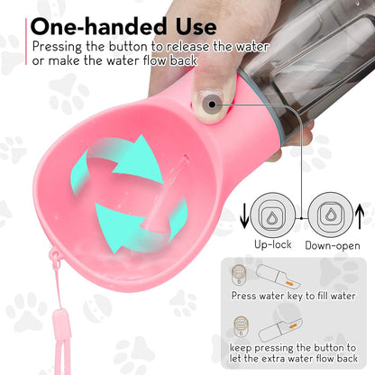 Dog Water Bottle Portable Leak Proof Dog Water Dispenser with Drinking and Feeding Function Lightweight Pet Water Dispenser for Walking and Travel for Dog, Cat and Other Animals Pink 15OZ