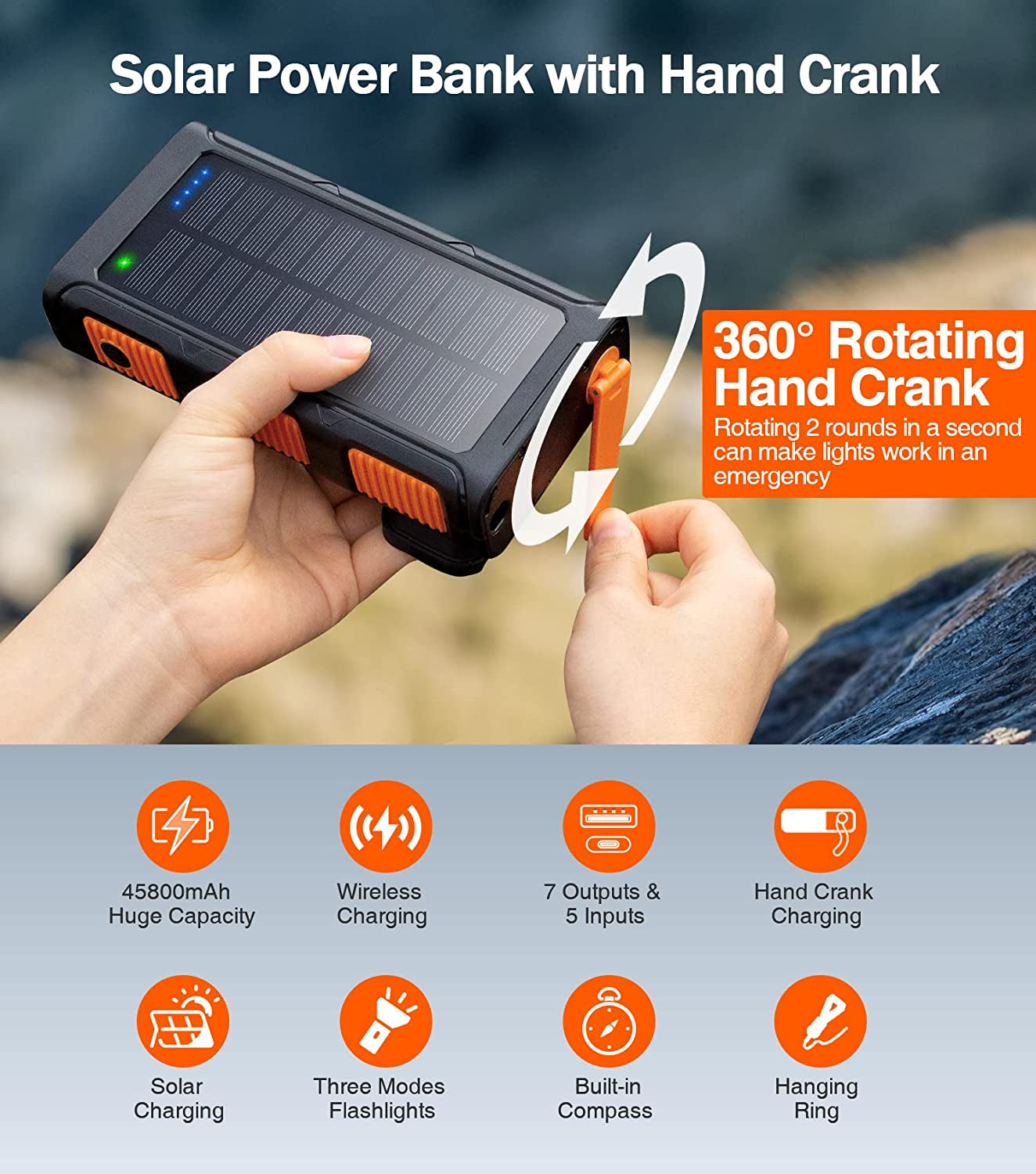 Power Bank Wireless Charger 45800Mah Built in Hand Crank and 4 Cables 15W Fast Charging Power Bank 7 Outputs & 4 Inputs Solar Portable Charger, Sos/Strobe/Strong Flashlights, Compass (Orange) 