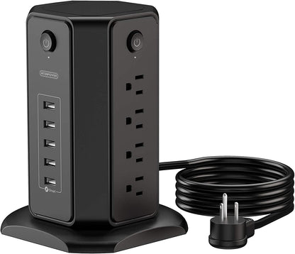 Power Strip Tower Surge Protector, 8 Outlet 5 USB Desktop Charging Station 1625W 13A, 6FT Extension Cord Flat Plug, Individual Switches, 1080 Joules, Overload Protection for Home Office 