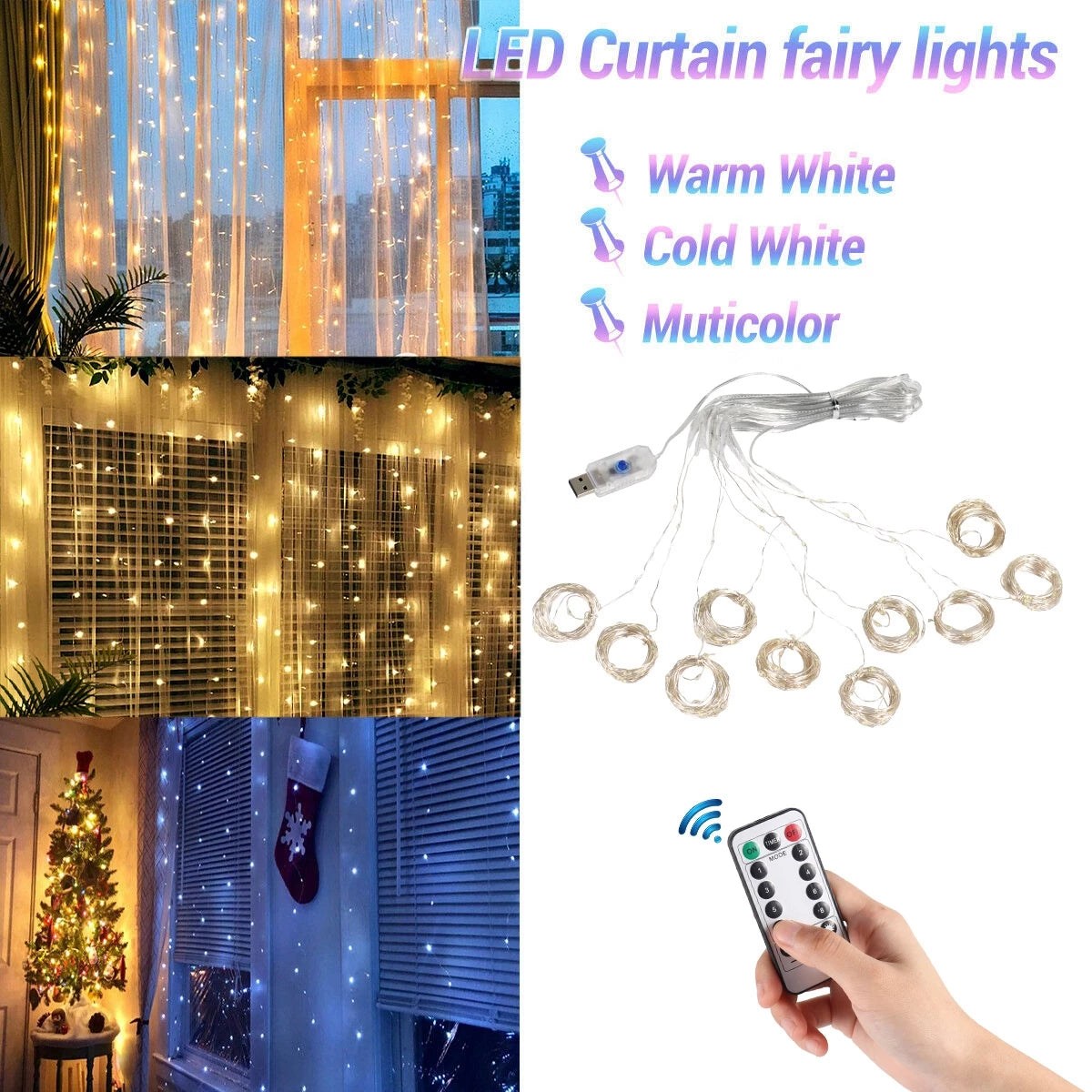 Christmas Lights Curtain Garland for Home Decor