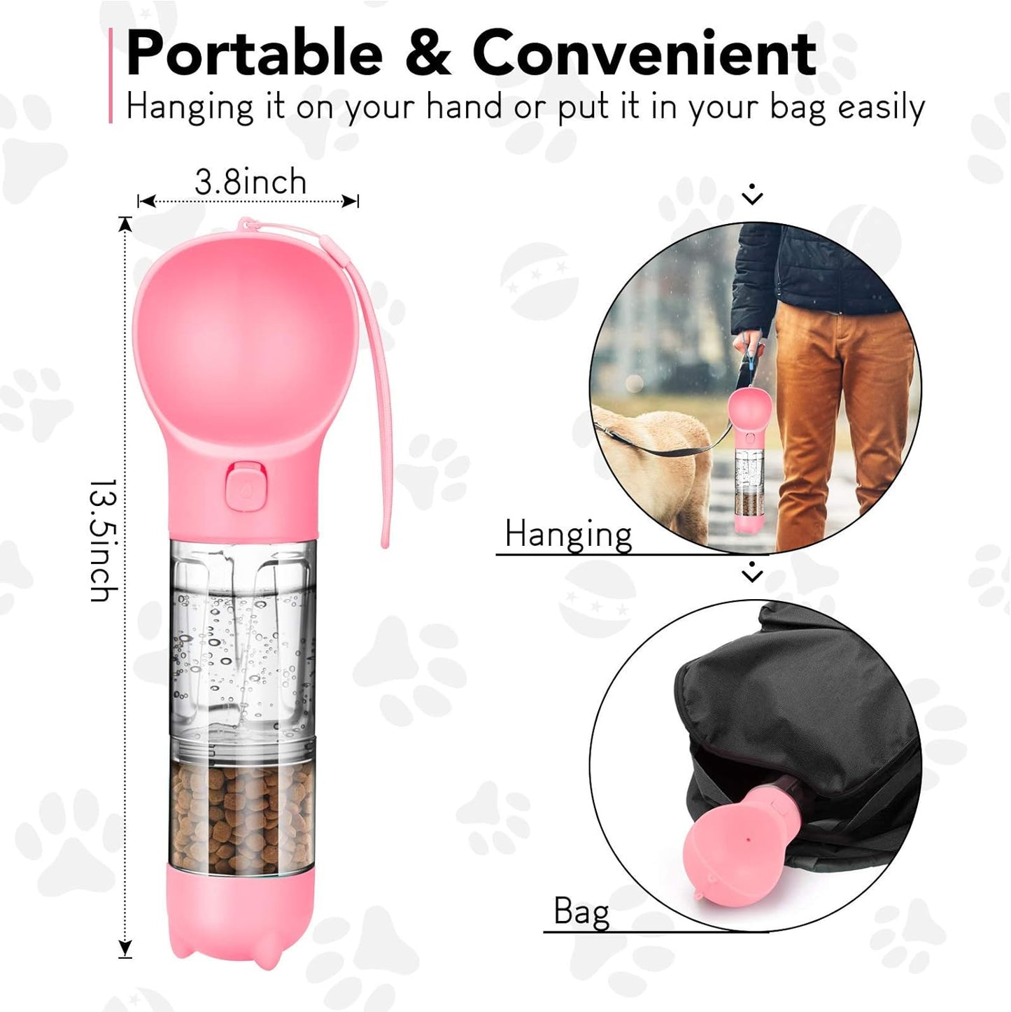 Dog Water Bottle Portable Leak Proof Dog Water Dispenser with Drinking and Feeding Function Lightweight Pet Water Dispenser for Walking and Travel for Dog, Cat and Other Animals Pink 15OZ