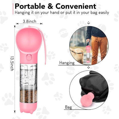 Dog Water Bottle Portable Leak Proof Dog Water Dispenser with Drinking and Feeding Function Lightweight Pet Water Dispenser for Walking and Travel for Dog, Cat and Other Animals Pink 15OZ