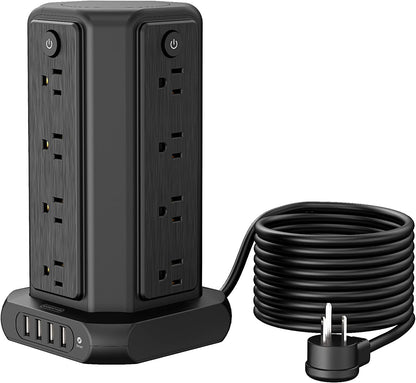 Power Strip Tower Surge Protector, 8 Outlet 5 USB Desktop Charging Station 1625W 13A, 6FT Extension Cord Flat Plug, Individual Switches, 1080 Joules, Overload Protection for Home Office 