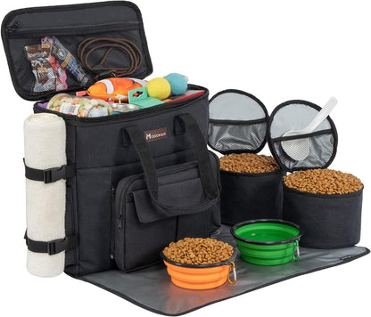 Dog Travel Bag Dog Travel Kit for a Weekend Away Set Includes Pet Travel Bag Organizer for Accessories, 2 Collapsible Dog Bowls, 2 Travel Dog Food Container (Black) 