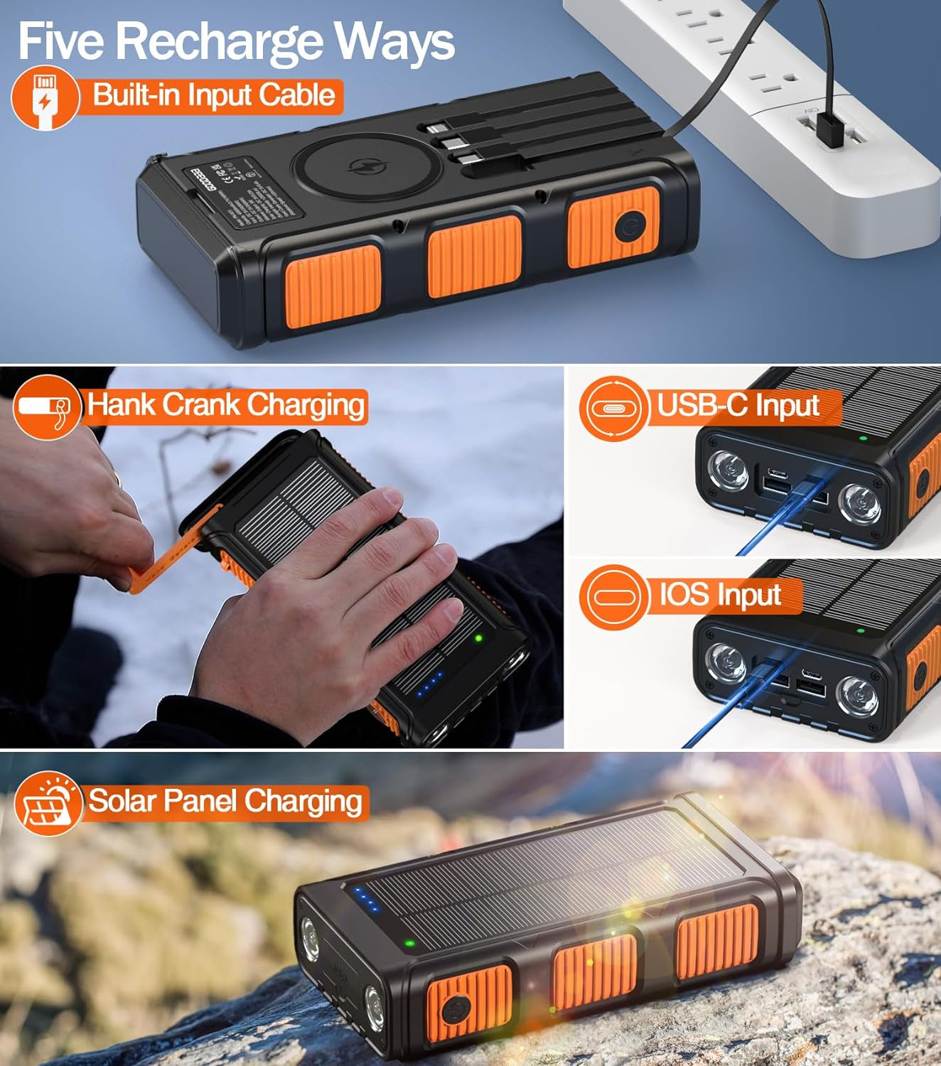 Power Bank Wireless Charger 45800Mah Built in Hand Crank and 4 Cables 15W Fast Charging Power Bank 7 Outputs & 4 Inputs Solar Portable Charger, Sos/Strobe/Strong Flashlights, Compass (Orange)