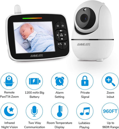 Baby Monitor with Remote Pan-Tilt-Zoom Camera, 3.5” Large Display Video Baby Monitor with Camera and Audio |Infrared Night Vision |Two Way Talk | Room Temperature| Lullabies and 960Ft Range