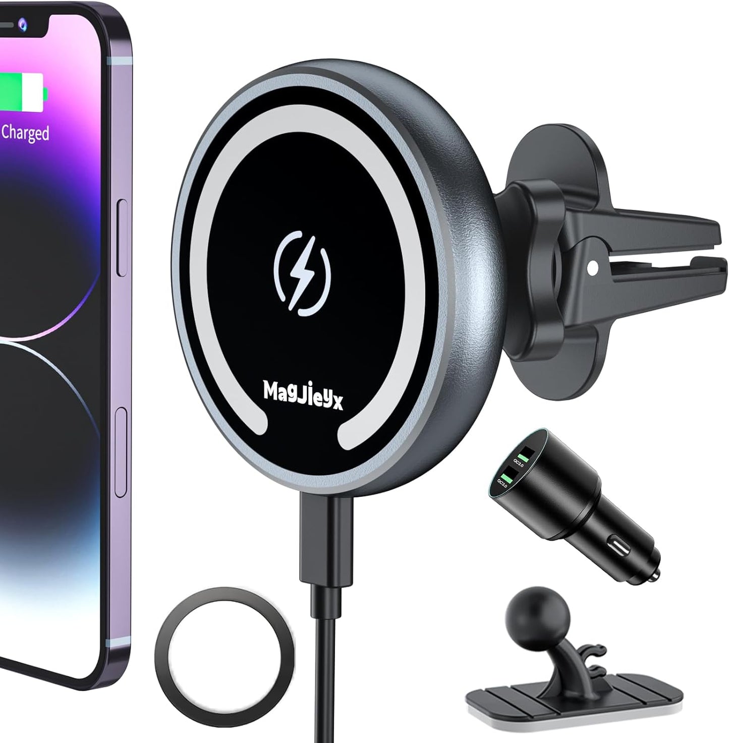 for Magsafe Car Mount Wireless Charger Magnetic Fast Charging Compatible with Iphone 15,14,13,12,Pro Max,Mini,Magsafe Case, Air Vent and Stick on Dashboard Car Phone Holder 