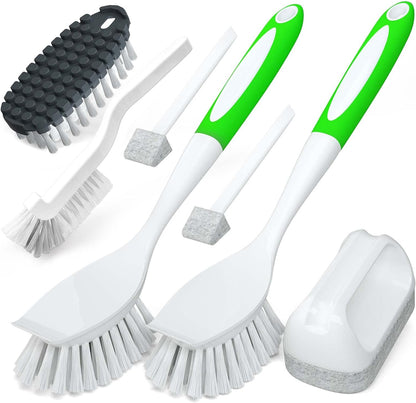 7 Pack Dish Cleaning Brush & Pad Set, Dish Scouring Pad for Cleaning, Scouring Pad & Kitchen Scrub Brush & Bendable Clean Brush & Groove Gap Brush for Dish, Pot, Pan, Kitchen Sink (Green)