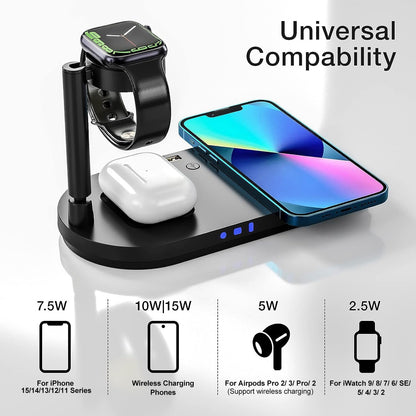 Portable 4 in 1 Charging Station for Apple Products, Wireless Fast Charger Stand with Bedside Lamp Compatible for Iphone 15/14/13/12/11 Series, for Airpods Pro 3/2, for Iwatch 9/8/7/SE/6/5 (Black)