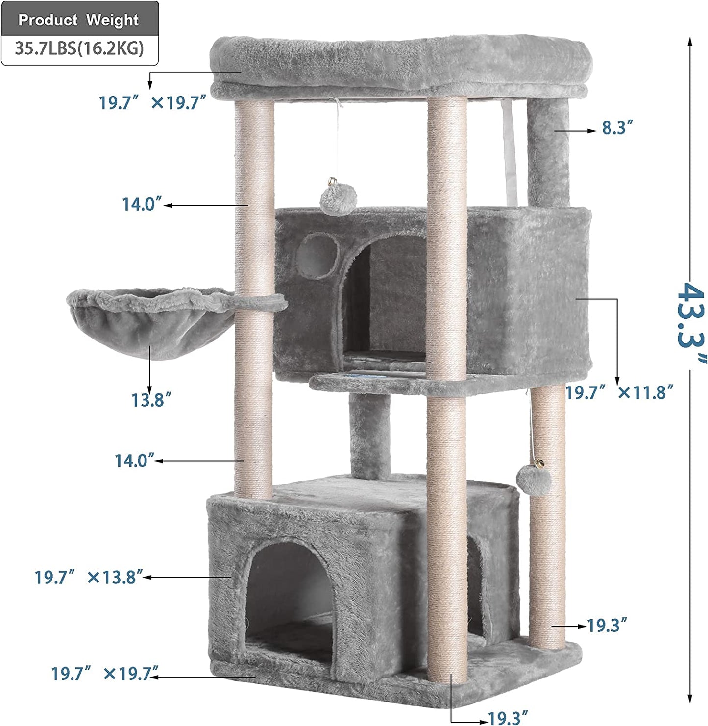 Cat Tree,Multi-Level Cat Condo for Large Cat Tower Furniture with Sisal-Covered Scratching Posts, 2 Plush Condos, Big Plush Perches MPJ011W