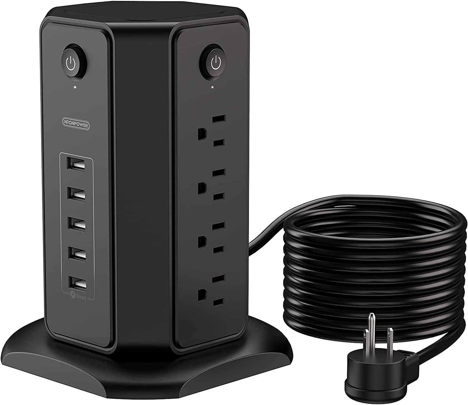 Power Strip Tower Surge Protector, 8 Outlet 5 USB Desktop Charging Station 1625W 13A, 6FT Extension Cord Flat Plug, Individual Switches, 1080 Joules, Overload Protection for Home Office 