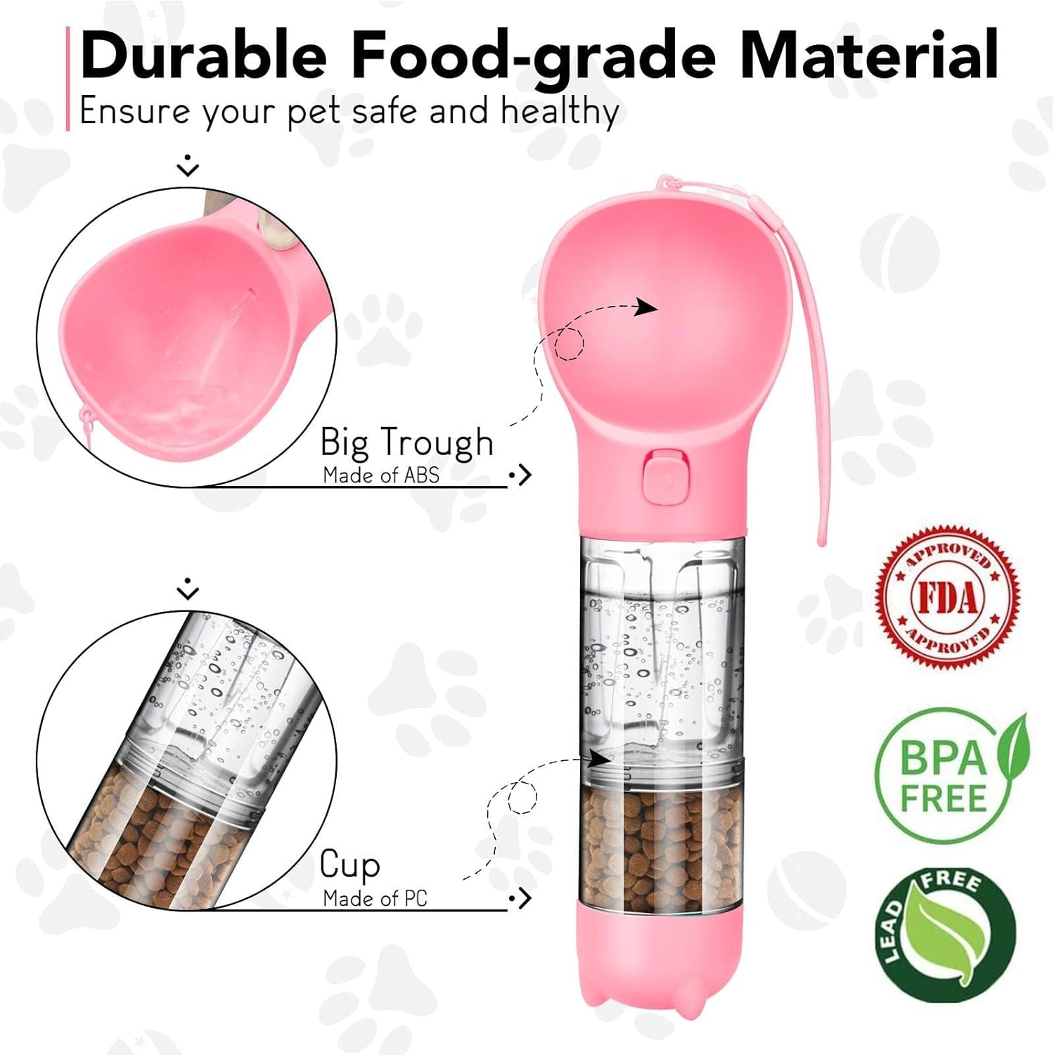 Dog Water Bottle Portable Leak Proof Dog Water Dispenser with Drinking and Feeding Function Lightweight Pet Water Dispenser for Walking and Travel for Dog, Cat and Other Animals Pink 15OZ