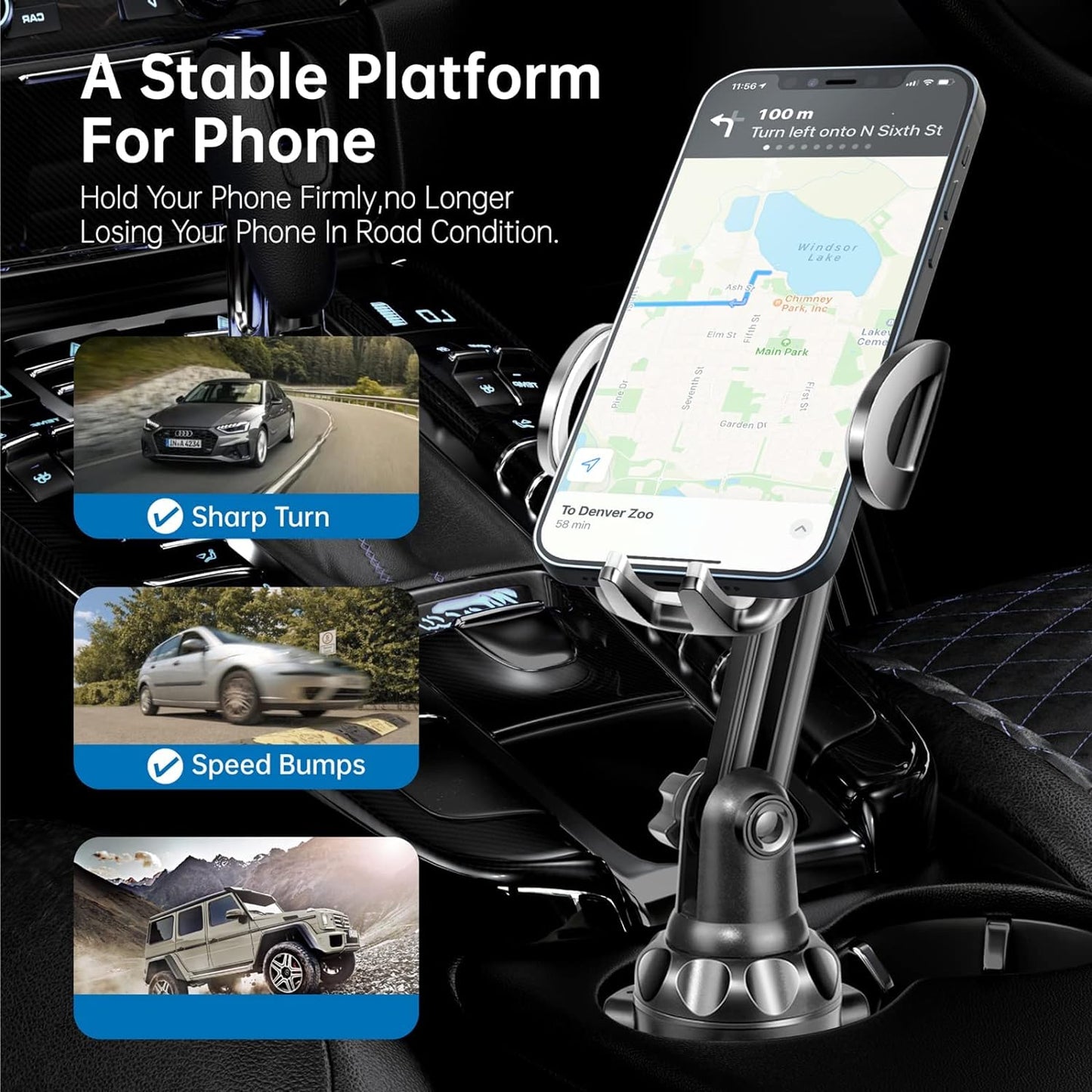 Car Cup Holder Phone Mount Adjustable Pole Car Cup Holder Smart Phone Cradle Car Mount for Iphone 11 Pro/Xr/Xs Max/X/8/7 Plus/6S/Samsung S10/Note 9/S8 Plus/S7 Edge (G) Rey, 11 Inches 