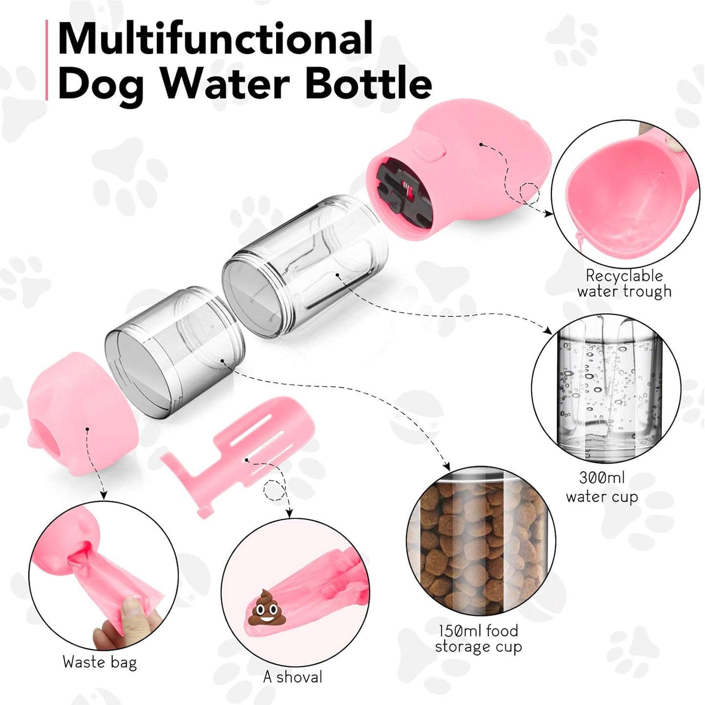 Dog Water Bottle Portable Leak Proof Dog Water Dispenser with Drinking and Feeding Function Lightweight Pet Water Dispenser for Walking and Travel for Dog, Cat and Other Animals Pink 15OZ