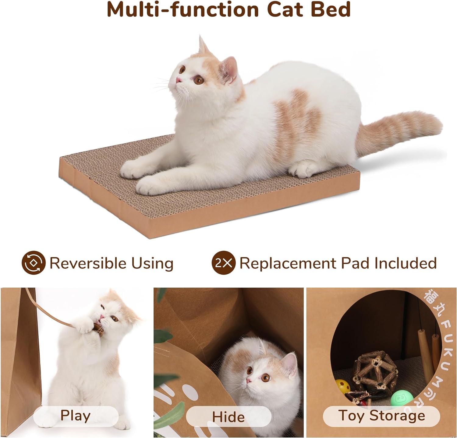 Cat House, Cute Cat Bed with 2 PCS Cat Scratcher, Multi-Function Enclosed Kraft Cat Condo, Roomy Cat Hideout House for Cats, Rabbits, Hamsters