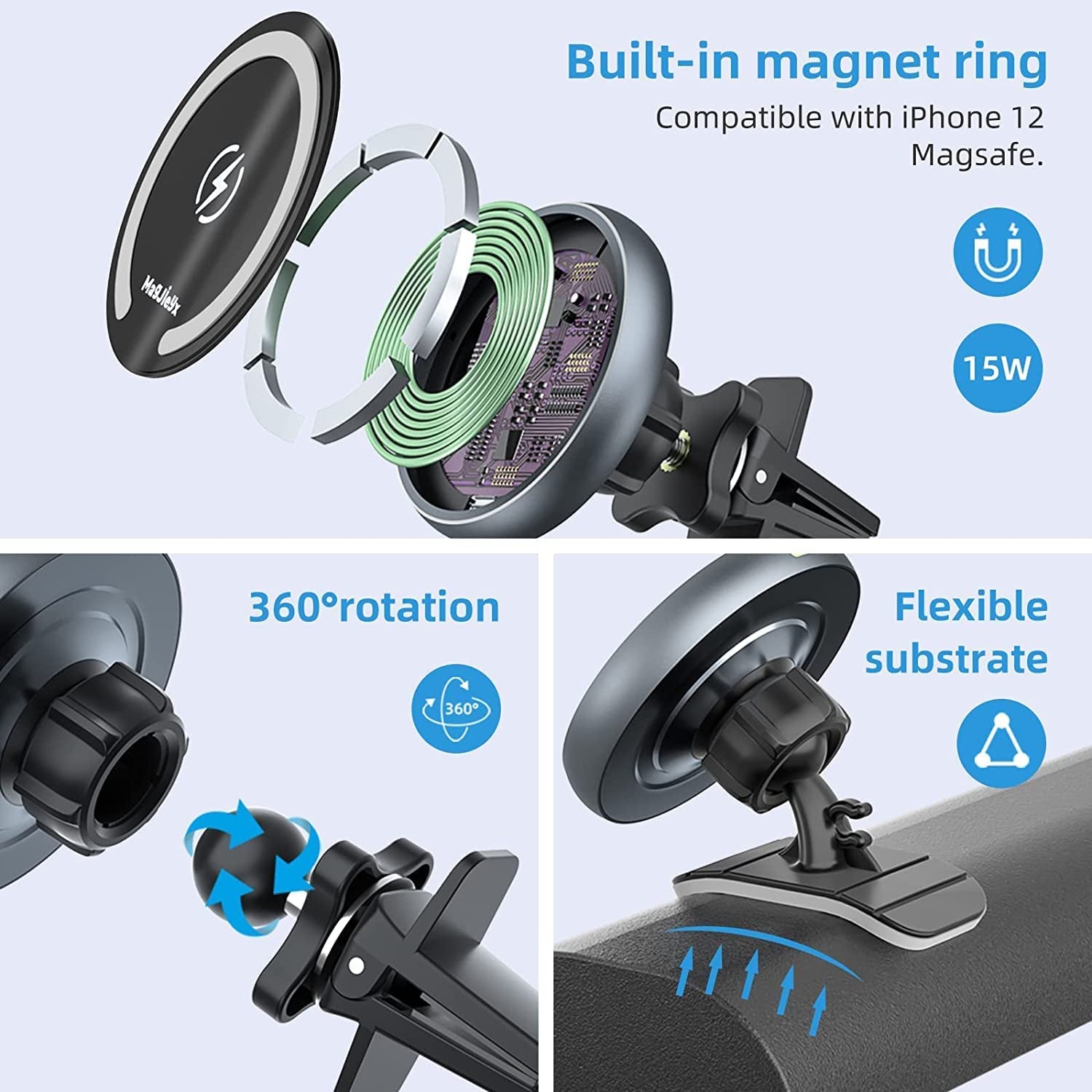 for Magsafe Car Mount Wireless Charger Magnetic Fast Charging Compatible with Iphone 15,14,13,12,Pro Max,Mini,Magsafe Case, Air Vent and Stick on Dashboard Car Phone Holder