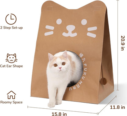 Cat House, Cute Cat Bed with 2 PCS Cat Scratcher, Multi-Function Enclosed Kraft Cat Condo, Roomy Cat Hideout House for Cats, Rabbits, Hamsters