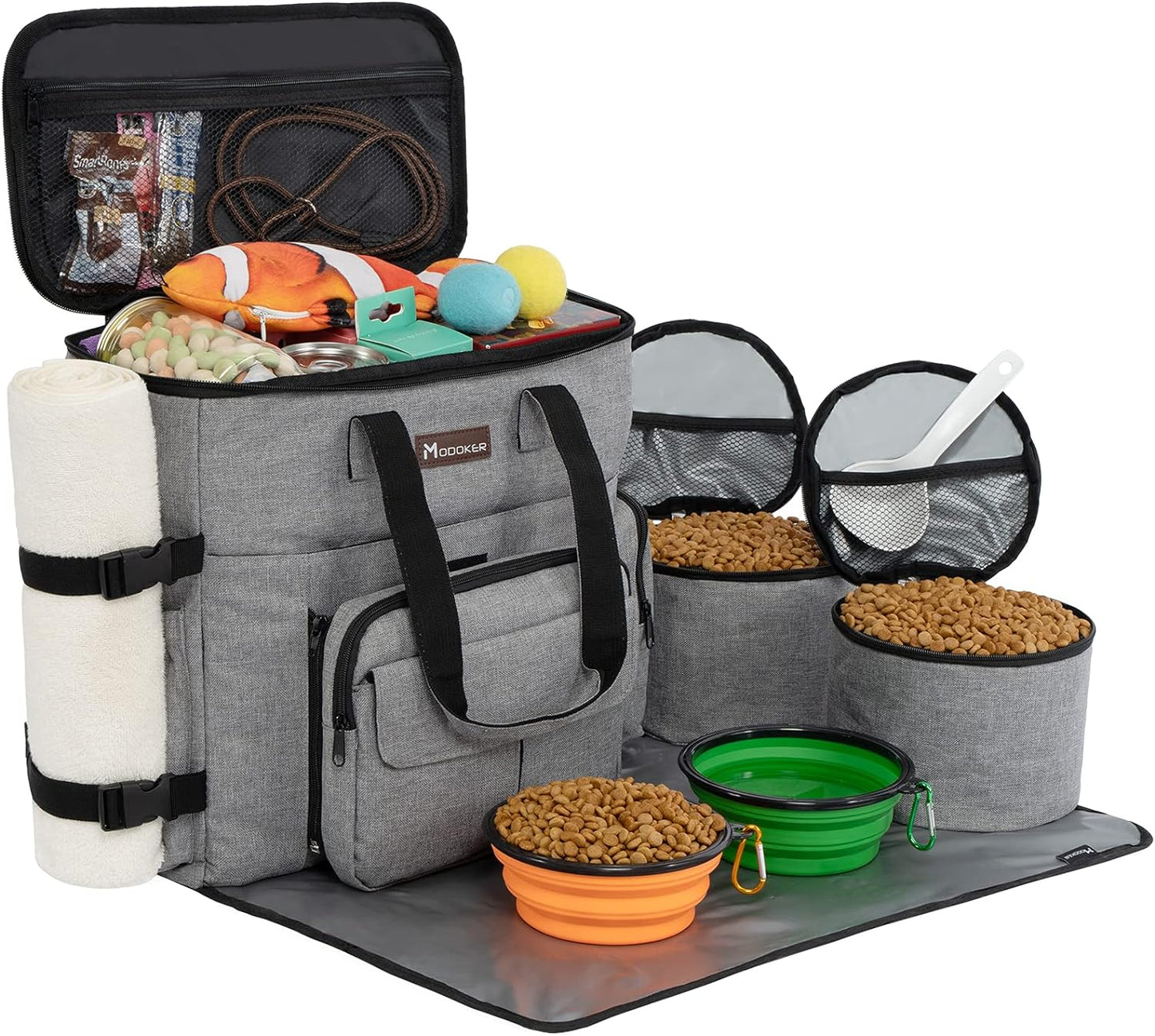 Dog Travel Bag Dog Travel Kit for a Weekend Away Set Includes Pet Travel Bag Organizer for Accessories, 2 Collapsible Dog Bowls, 2 Travel Dog Food Container (Black) 