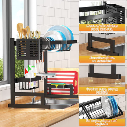 over Sink Dish Drying Rack (26"-38"), Adjustable Large Dish Drainer for Storage Kitchen Counter Organization, 2 Tier Stainless Steel over Sink Dish Rack Display-Simplified