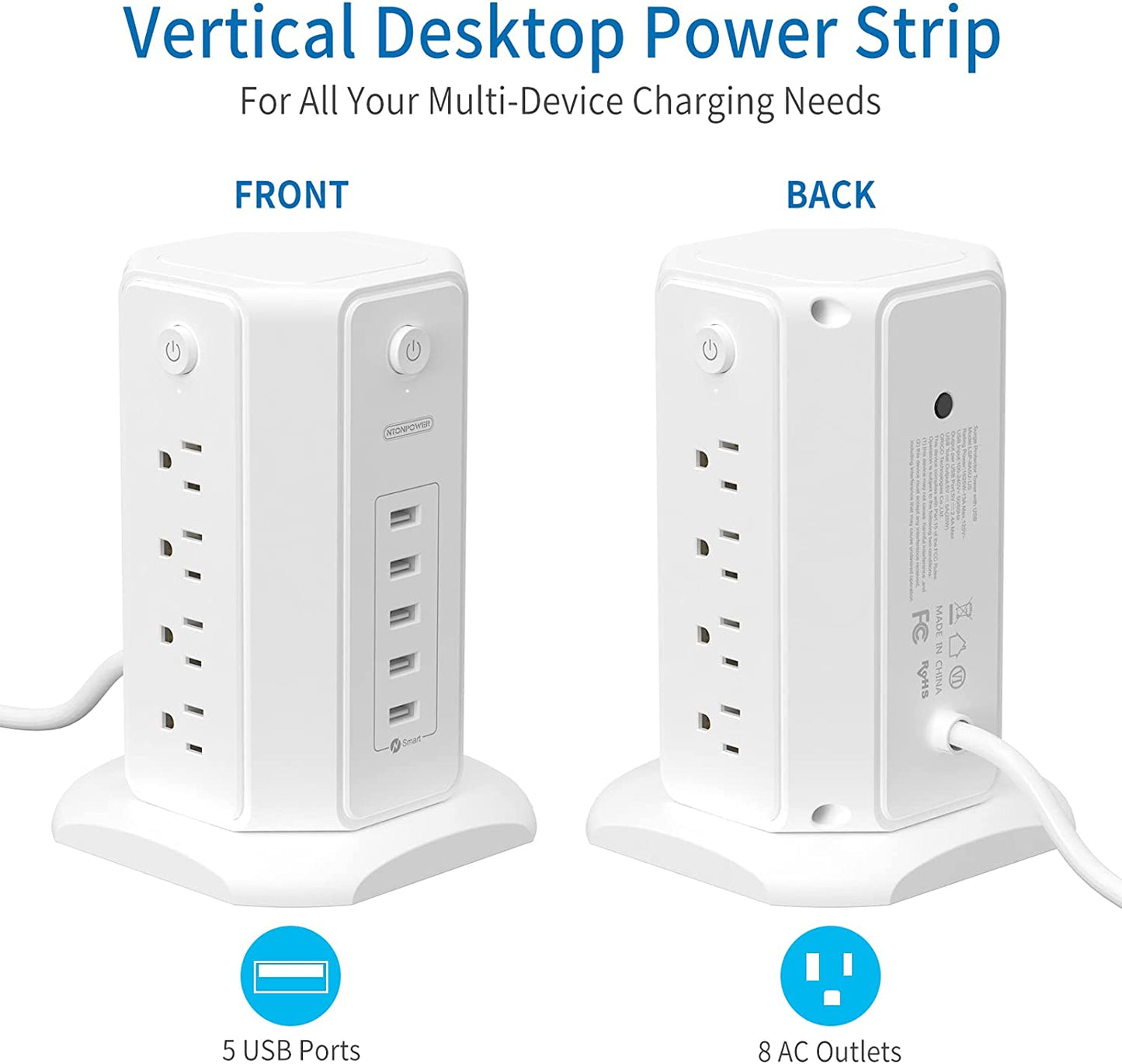 Power Strip Tower Surge Protector,  8 Outlet 5 USB Desktop Charging Station 1625W 13A, 6FT Extension Cord Flat Plug, Individual Switches, 1080 Joules, Overload Protection for Home Office