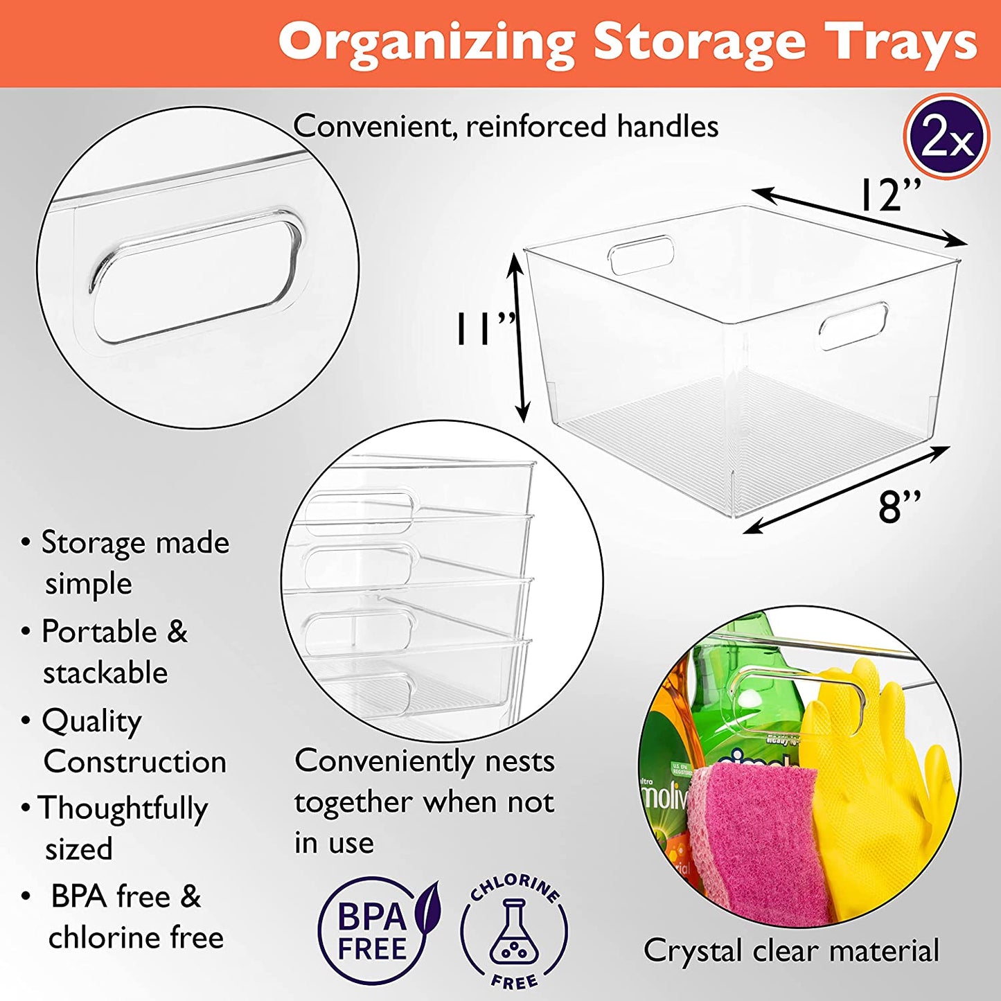 Clear Plastic Storage Bins – XL 2 Pack Perfect Kitchen Organization or Pantry Storage – Fridge Organizer, Pantry Organization and Storage Bins, Cabinet Organizers