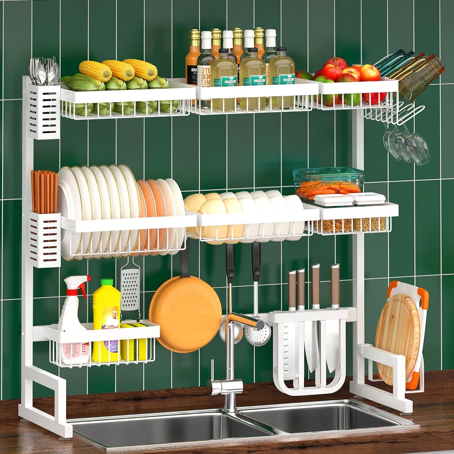 over Sink Dish Drying Rack (26"-38"), Adjustable Large Dish Drainer for Storage Kitchen Counter Organization, 2 Tier Stainless Steel over Sink Dish Rack Display-Simplified 