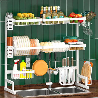 over Sink Dish Drying Rack (26"-38"), Adjustable Large Dish Drainer for Storage Kitchen Counter Organization, 2 Tier Stainless Steel over Sink Dish Rack Display-Simplified 