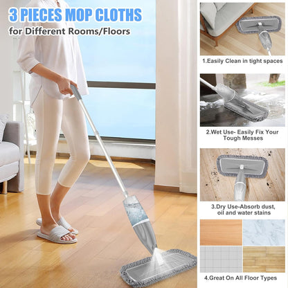 Microfiber Mop Spray Mops for Floor Cleaning -  Wet Mops Dust Mop Wood Floor Mop with 3X Washable Pads, Flat Floor Mop Commercial Home Use Mops for Hardwood Floor Ceramic Tiles Floor Cleaning