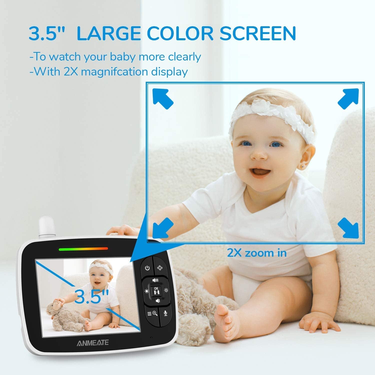 Baby Monitor with Remote Pan-Tilt-Zoom Camera, 3.5” Large Display Video Baby Monitor with Camera and Audio |Infrared Night Vision |Two Way Talk | Room Temperature| Lullabies and 960Ft Range