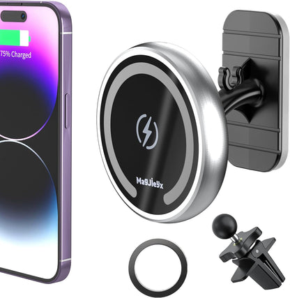 for Magsafe Car Mount Wireless Charger Magnetic Fast Charging Compatible with Iphone 15,14,13,12,Pro Max,Mini,Magsafe Case, Air Vent and Stick on Dashboard Car Phone Holder 